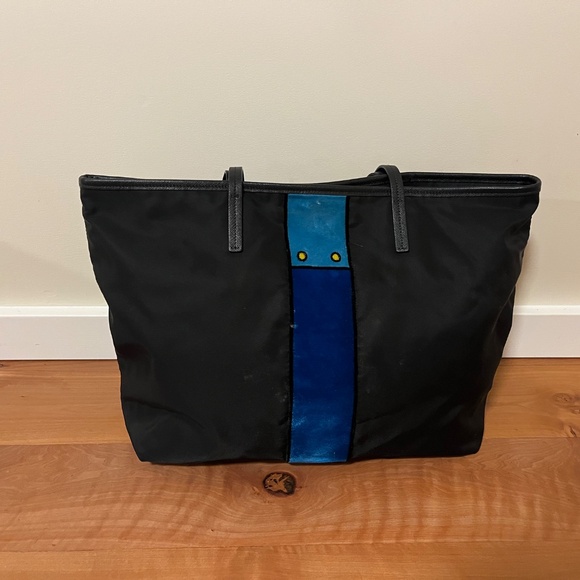 Prada Black & Velvet Nylon Tessuto Ricamo Tote Bag, Blue Stripe - Picture 3 of 5